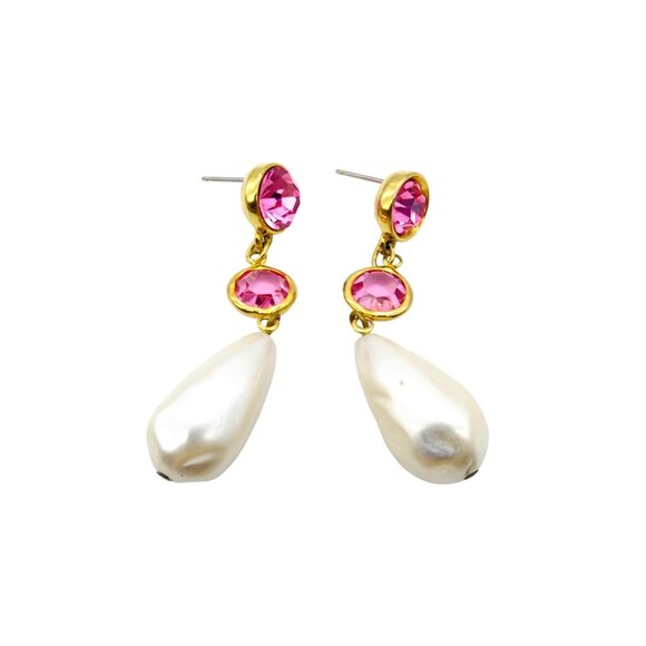 Baroque Pearl Teardrop Dangle Vintage Earrings, Gold Tone with Pink Bezel Set Cr - Picture 2 of 3